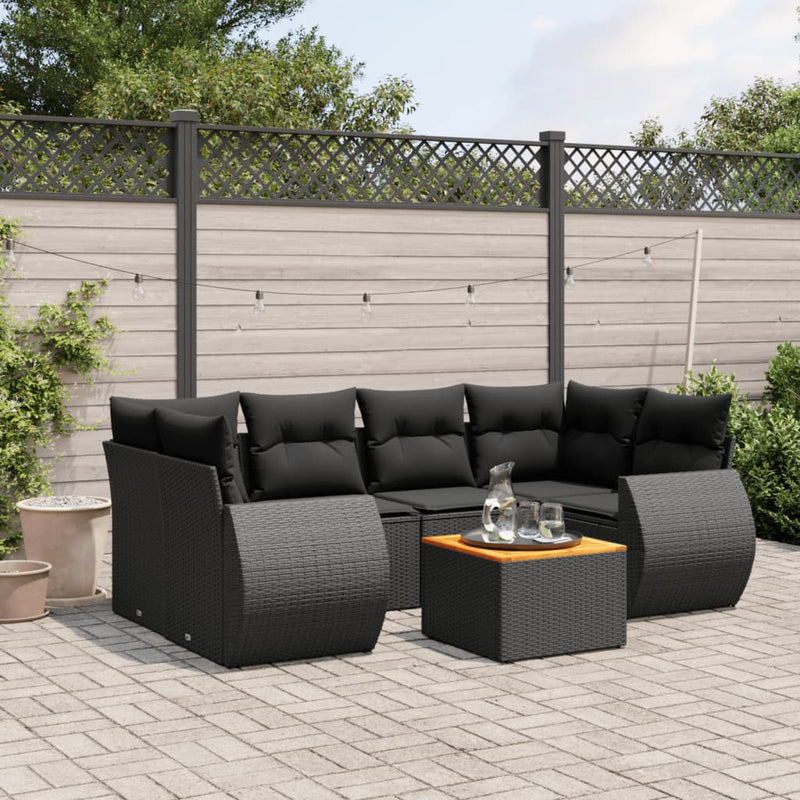 7-delige Loungeset met kussens poly rattan zwart