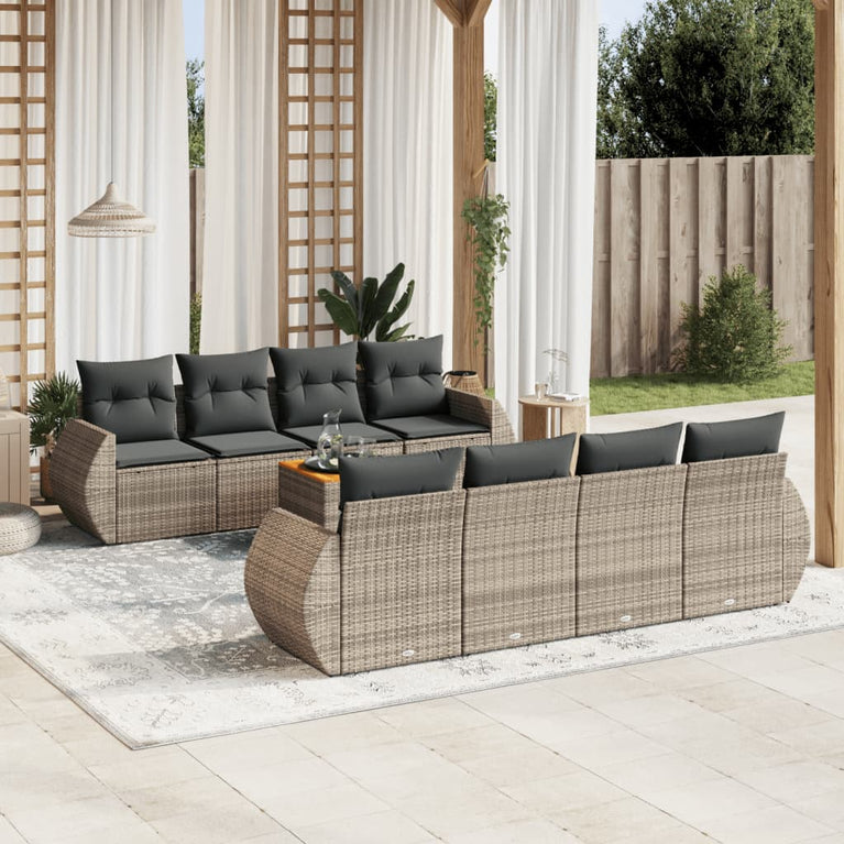 9-delige Loungeset met kussens poly rattan grijs