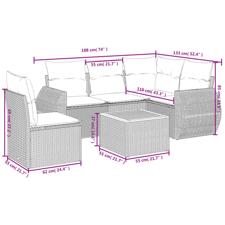 6-delige Loungeset met kussens poly rattan grijs