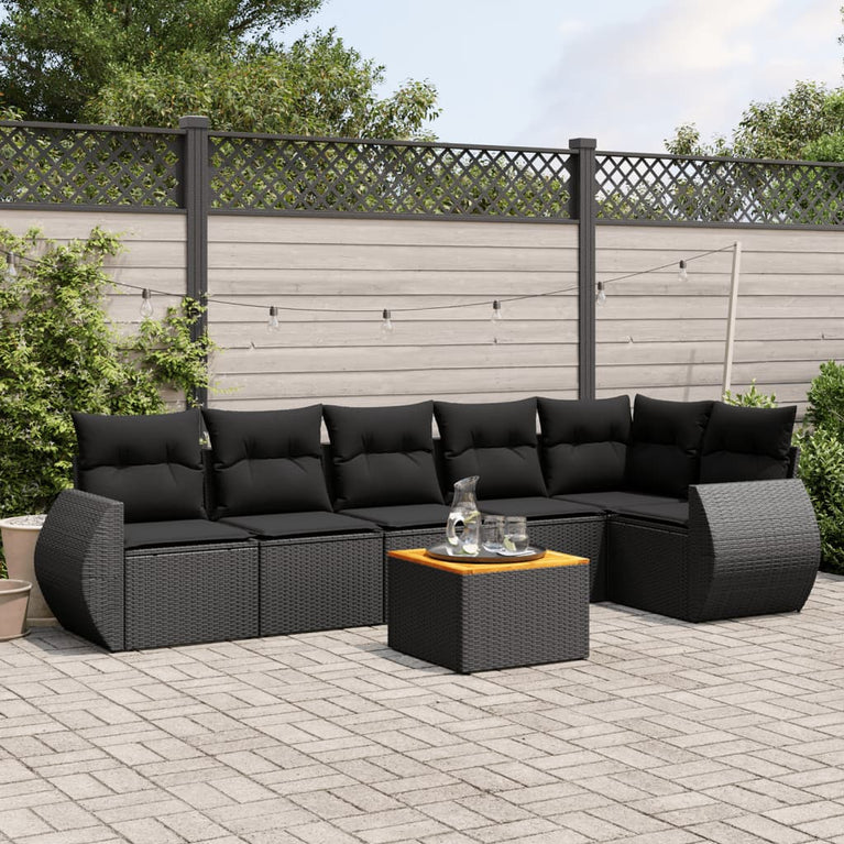 7-delige Loungeset met kussens poly rattan zwart