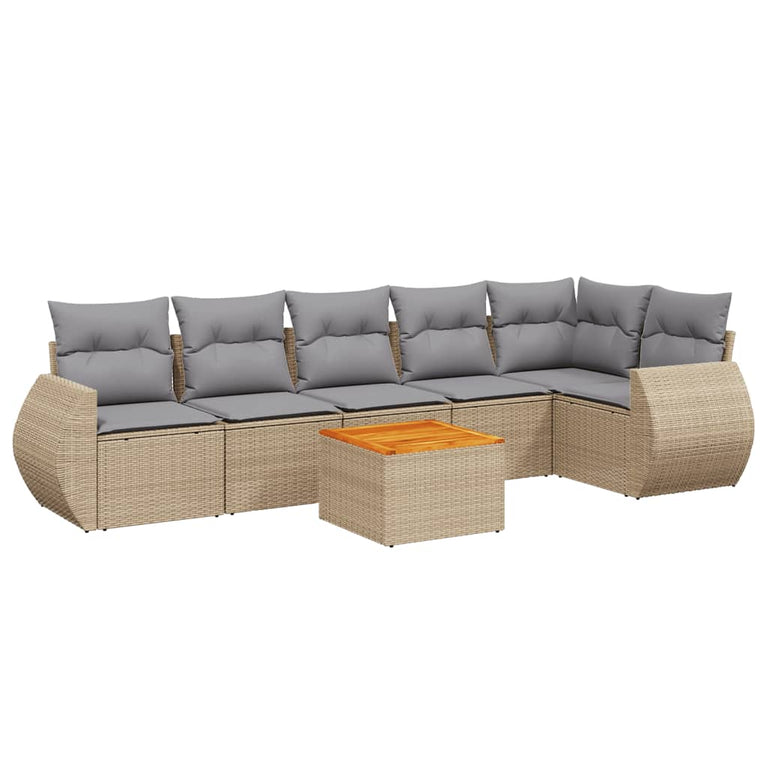 7-delige Loungeset met kussens poly rattan beige