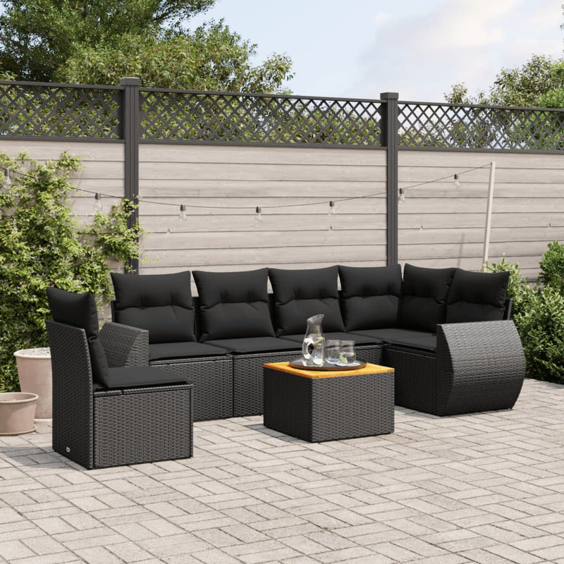 7-delige Loungeset met kussens poly rattan zwart