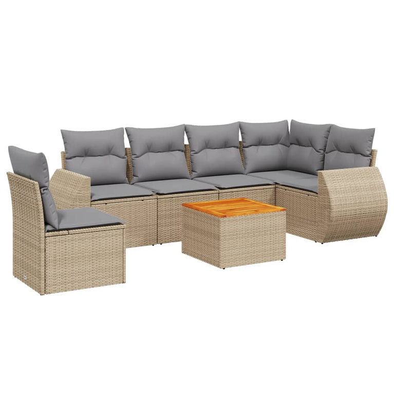 7-delige Loungeset met kussens poly rattan beige