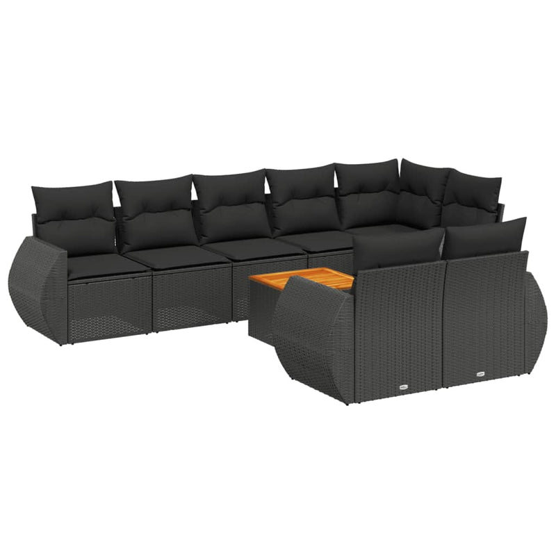 9-delige Loungeset met kussens poly rattan zwart