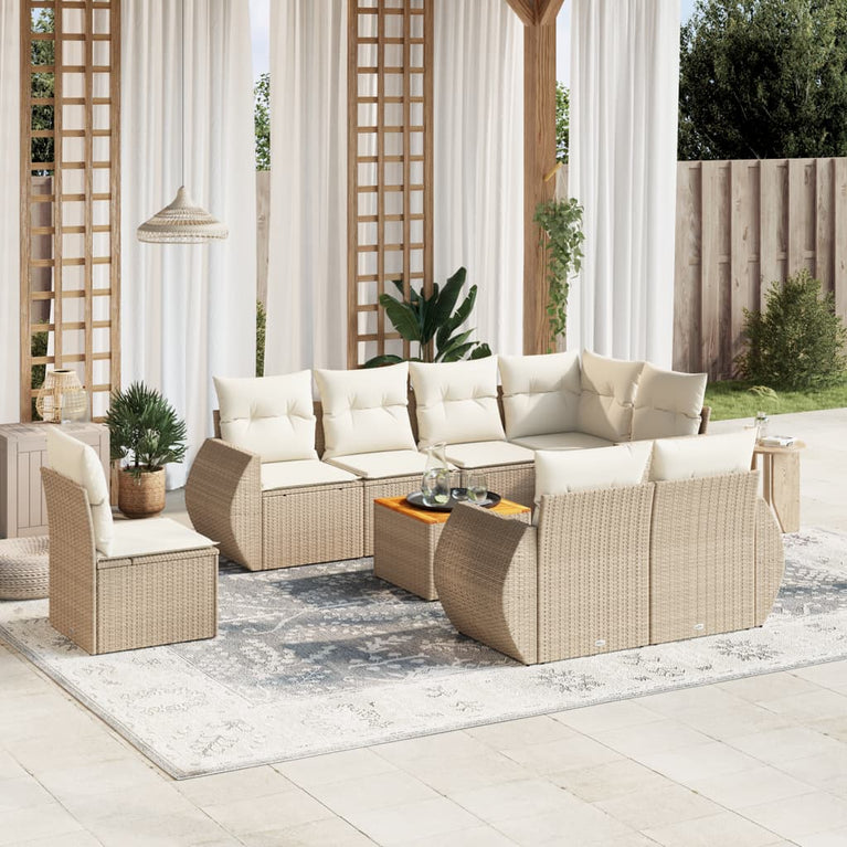 9-delige Loungeset met kussens poly rattan beige