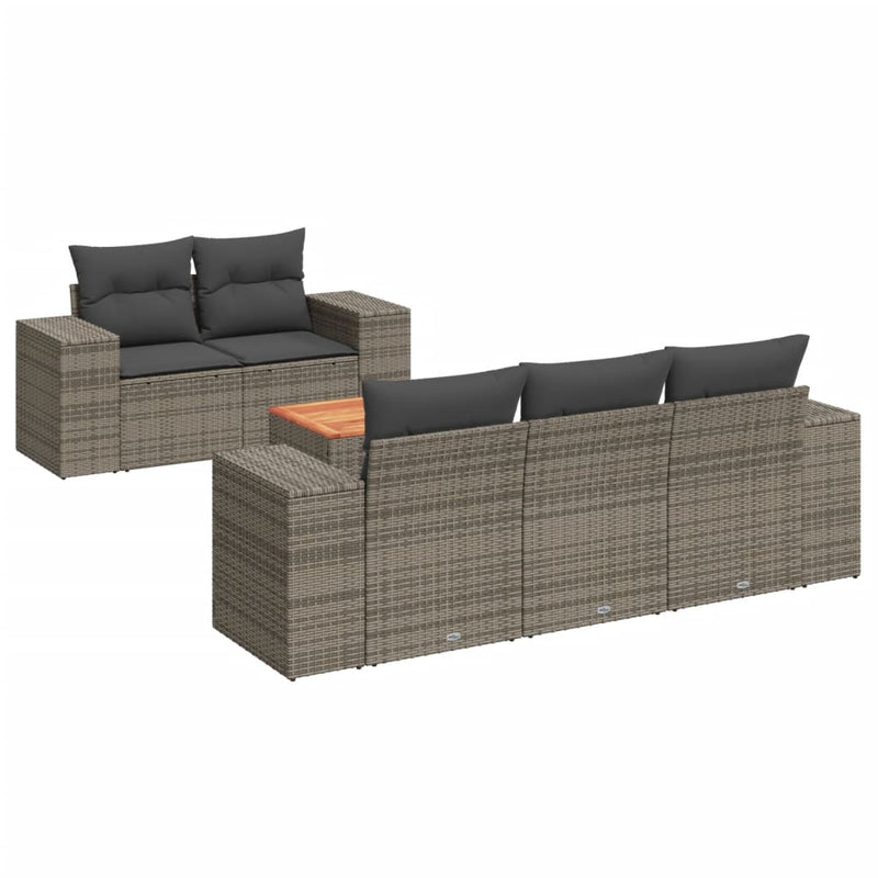 6-delige Loungeset met kussens poly rattan grijs