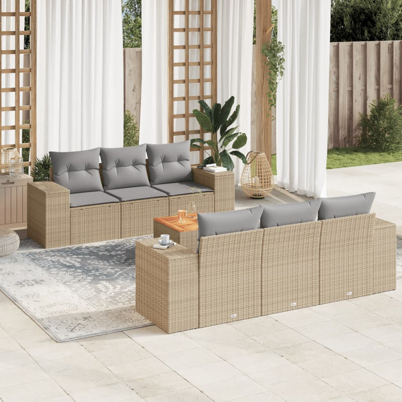 7-delige Loungeset met kussens poly rattan beige