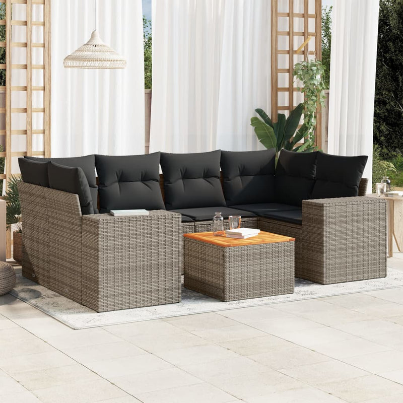 7-delige Loungeset met kussens poly rattan grijs