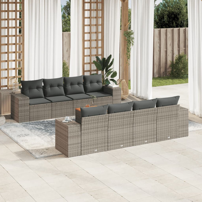 9-delige Loungeset met kussens poly rattan grijs