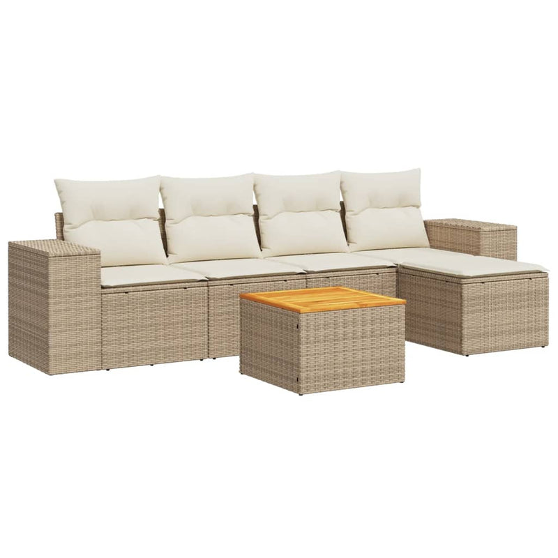 6-delige Loungeset met kussens poly rattan beige