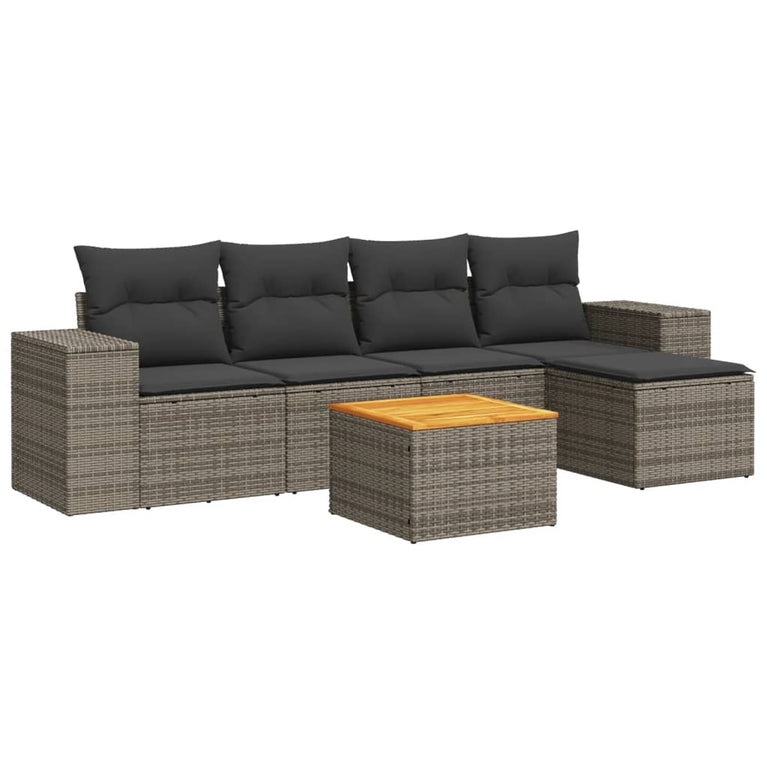 6-delige Loungeset met kussens poly rattan grijs