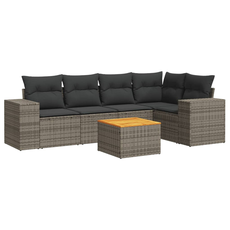 6-delige Loungeset met kussens poly rattan grijs