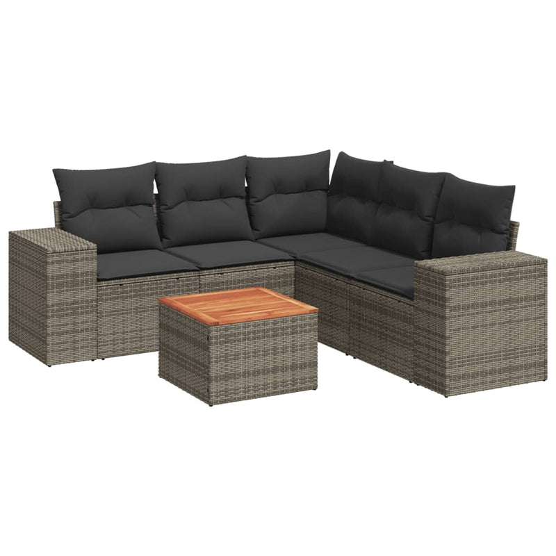 6-delige Loungeset met kussens poly rattan grijs