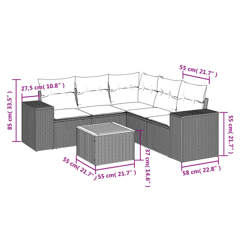 6-delige Loungeset met kussens poly rattan grijs