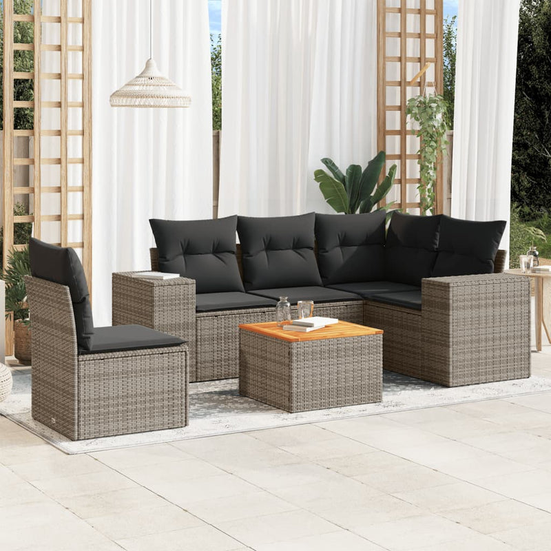 6-delige Loungeset met kussens poly rattan grijs