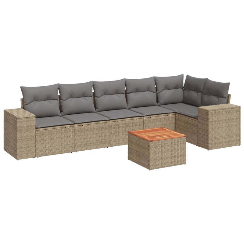 7-delige Loungeset met kussens poly rattan beige