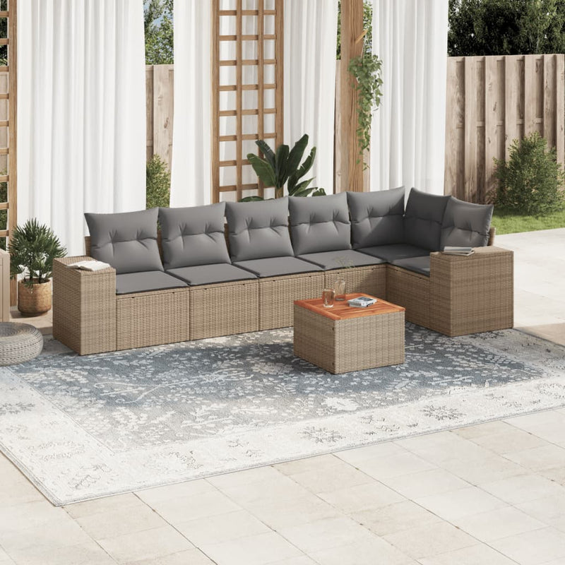 7-delige Loungeset met kussens poly rattan beige