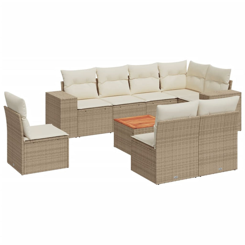9-delige Loungeset met kussens poly rattan beige