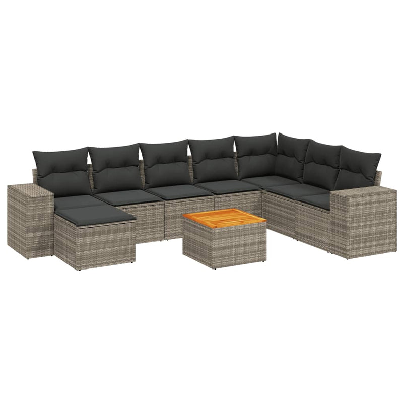 9-delige Loungeset met kussens poly rattan grijs