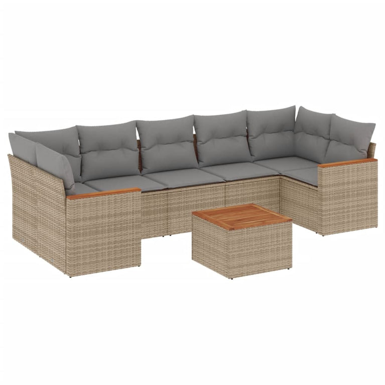 8-delige Loungeset met kussens poly rattan beige
