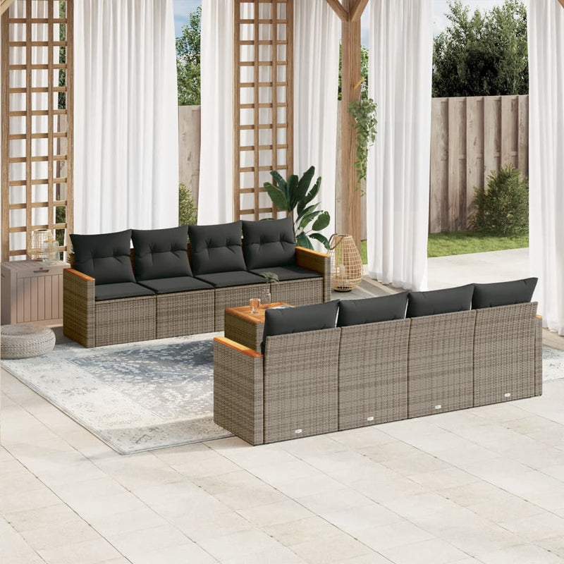 9-delige Loungeset met kussens poly rattan grijs