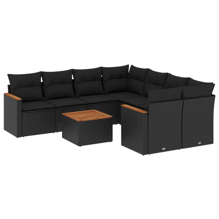 9-delige Loungeset met kussens poly rattan zwart