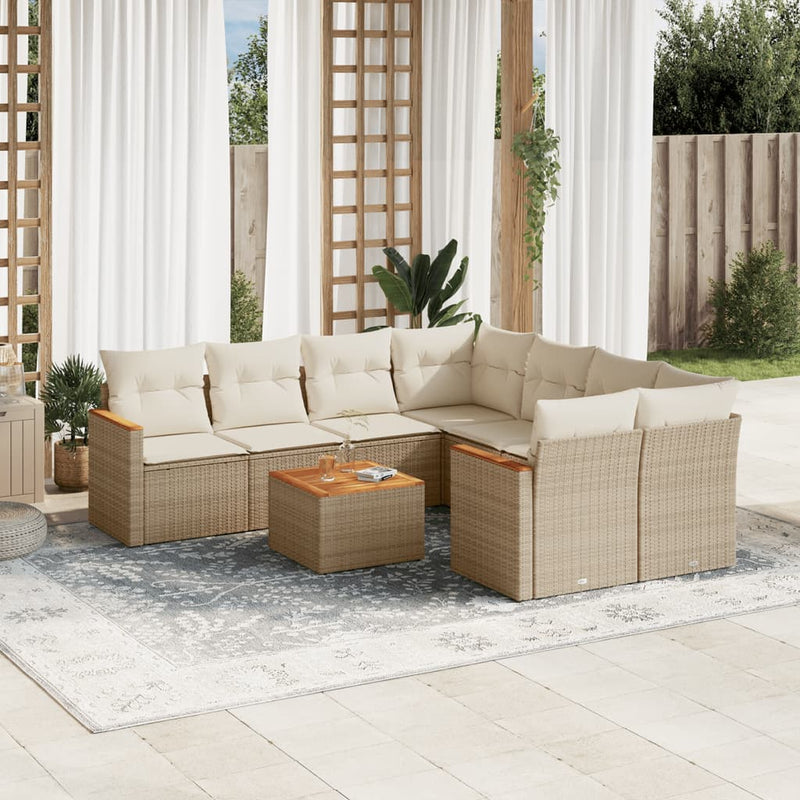 9-delige Loungeset met kussens poly rattan beige