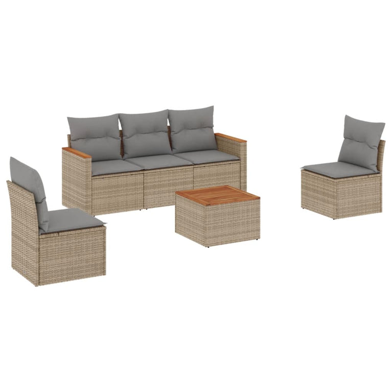 6-delige Loungeset met kussens poly rattan beige