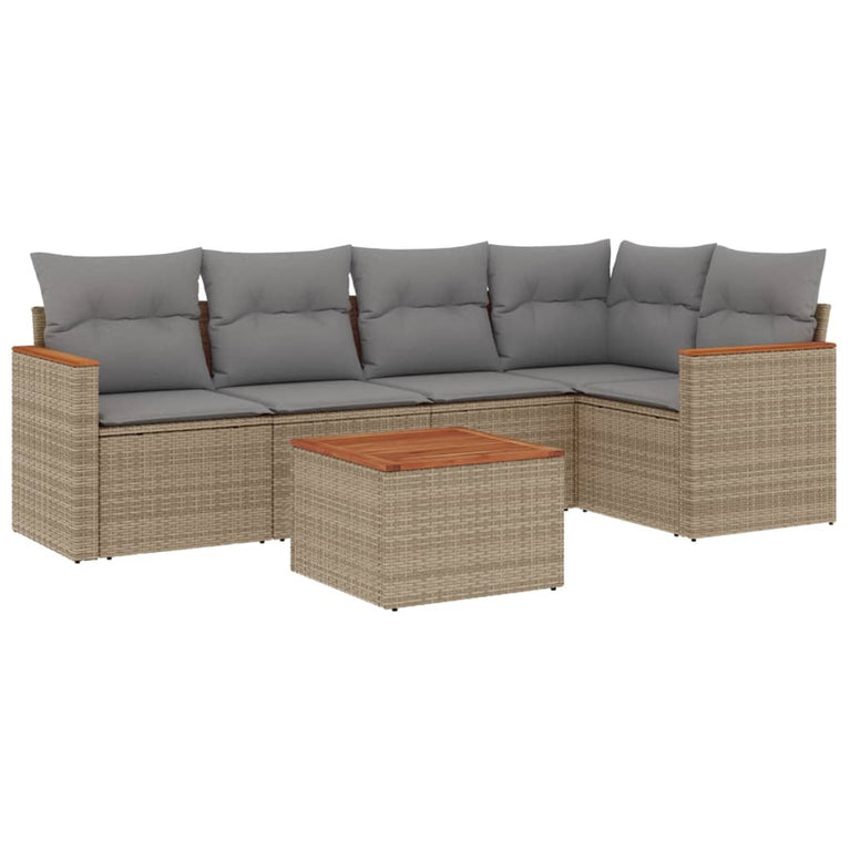 6-delige Loungeset met kussens poly rattan beige