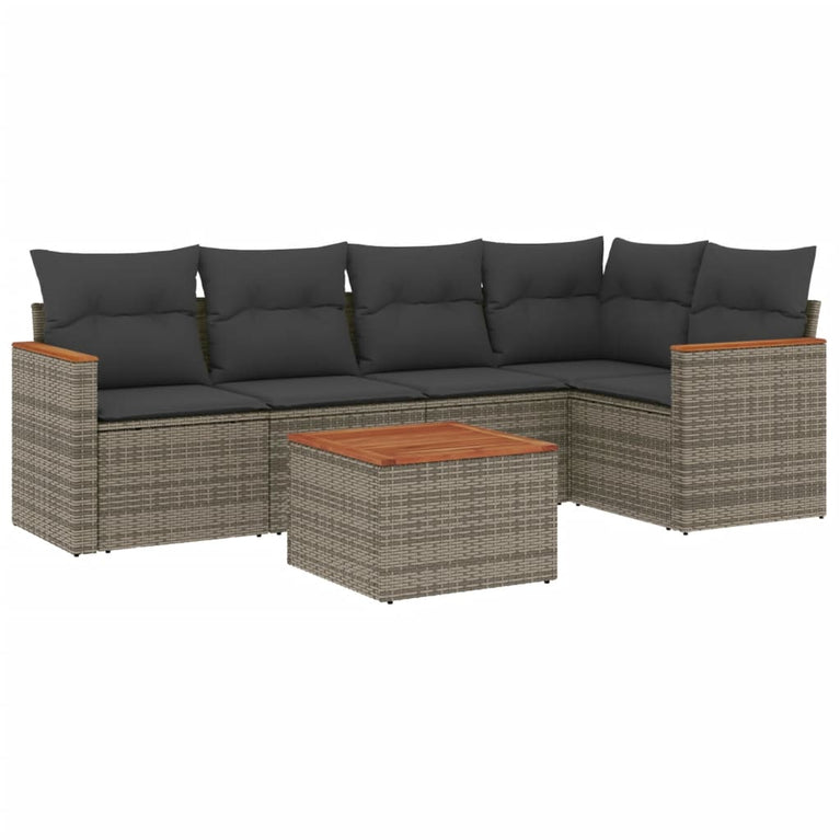 6-delige Loungeset met kussens poly rattan grijs