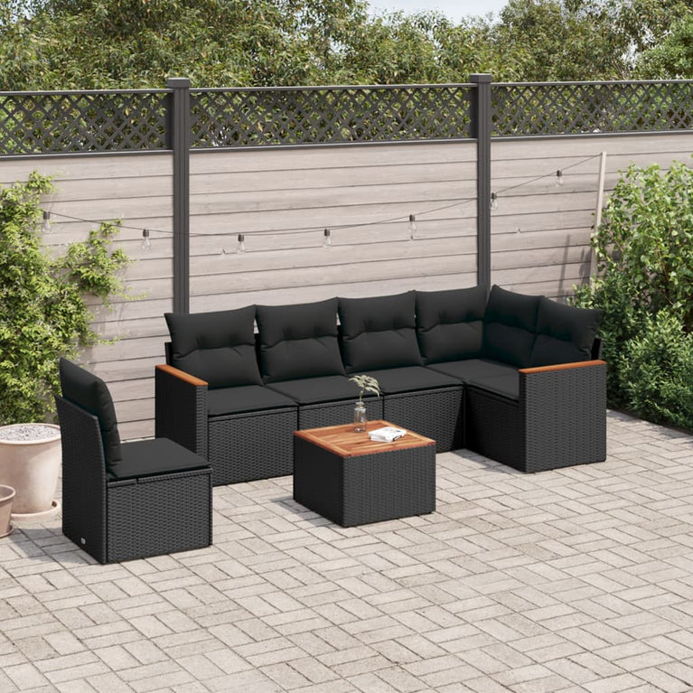 7-delige Loungeset met kussens poly rattan zwart