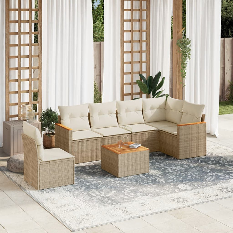 7-delige Loungeset met kussens poly rattan beige
