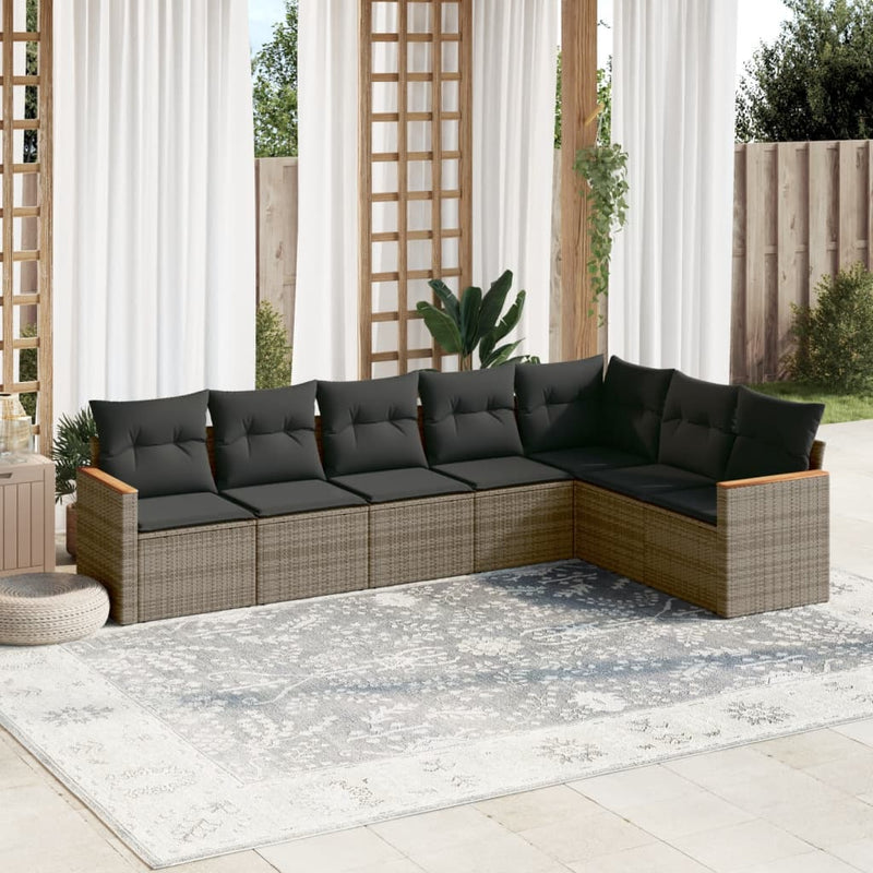 7-delige Loungeset met kussens poly rattan grijs