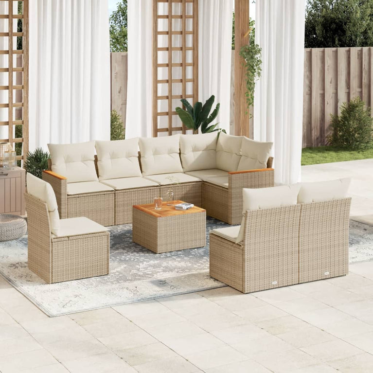 9-delige Loungeset met kussens poly rattan beige