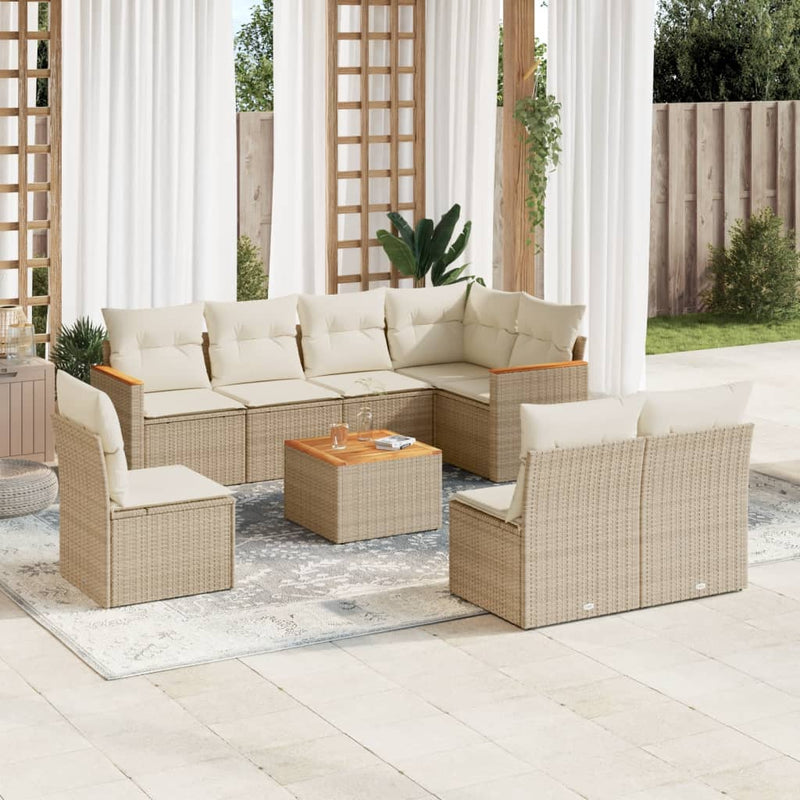 9-delige Loungeset met kussens poly rattan beige