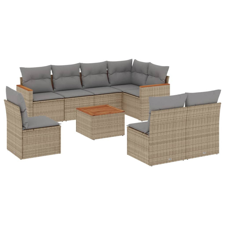 9-delige Loungeset met kussens poly rattan beige