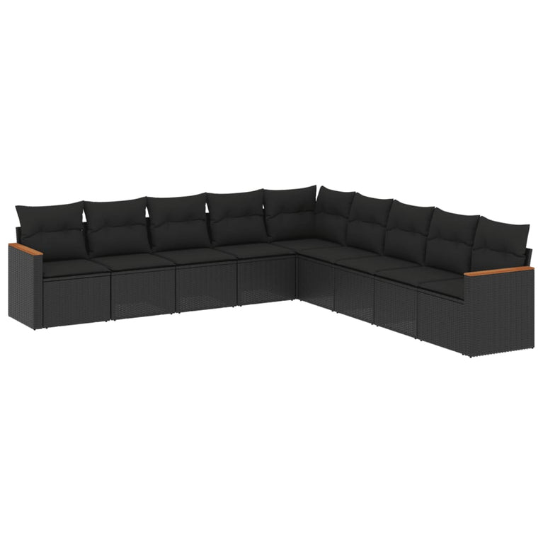 9-delige Loungeset met kussens poly rattan zwart