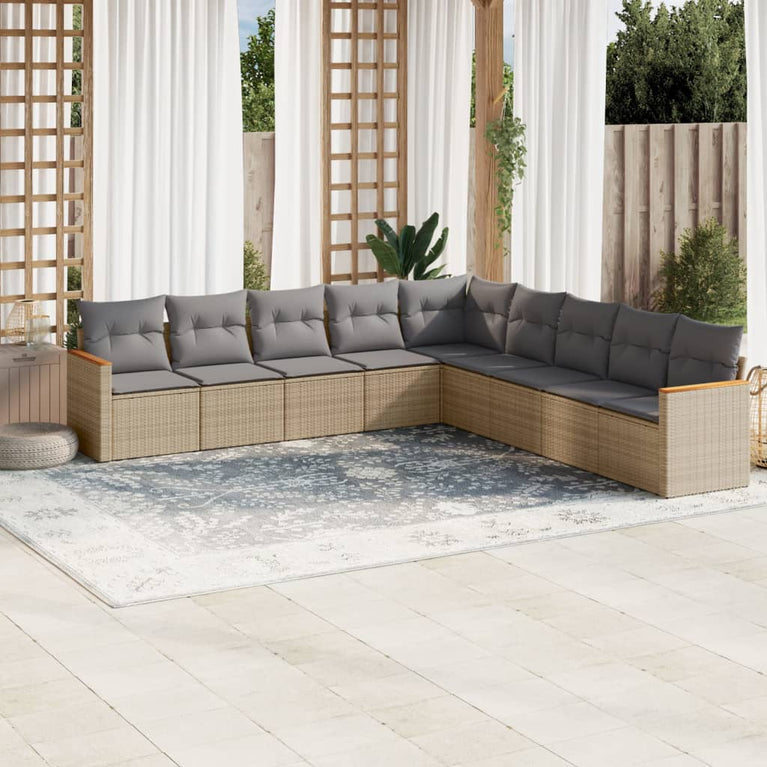 9-delige Loungeset met kussens poly rattan beige
