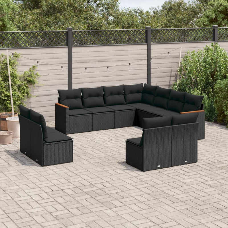 11-delige Loungeset met kussens poly rattan zwart