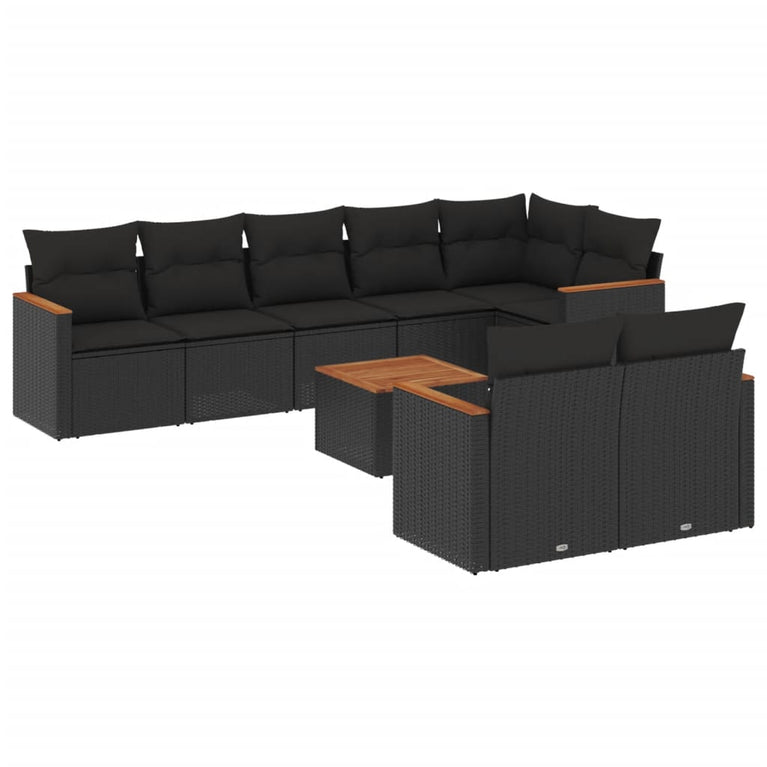9-delige Loungeset met kussens poly rattan zwart