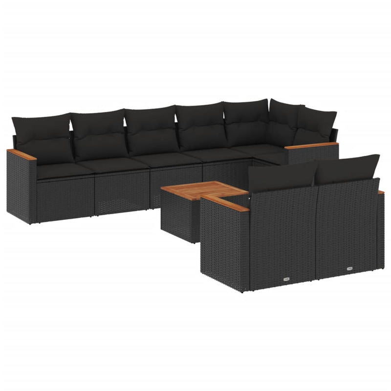 9-delige Loungeset met kussens poly rattan zwart