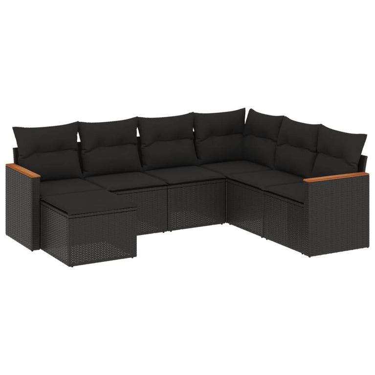7-delige Loungeset met kussens poly rattan zwart
