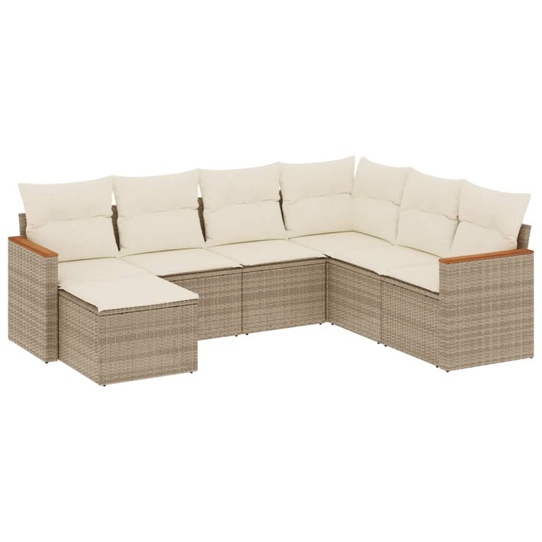 7-delige Loungeset met kussens poly rattan beige