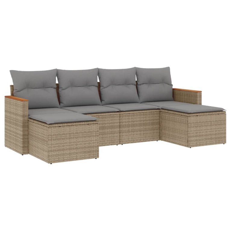 6-delige Loungeset met kussens poly rattan beige