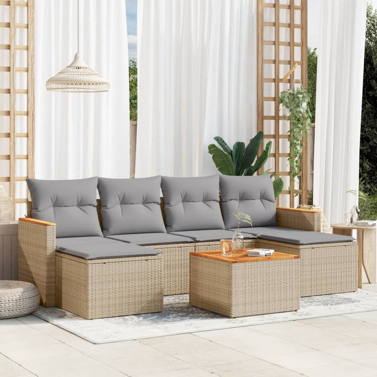 7-delige Loungeset met kussens poly rattan beige