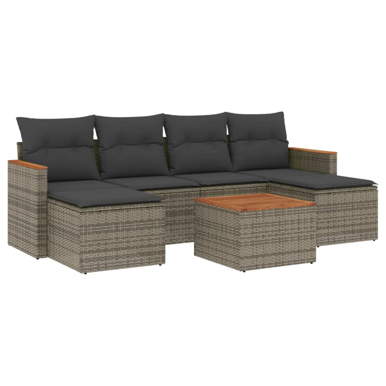 7-delige Loungeset met kussens poly rattan grijs