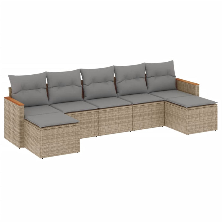 7-delige Loungeset met kussens poly rattan beige