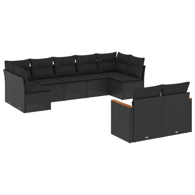 9-delige Loungeset met kussens poly rattan zwart