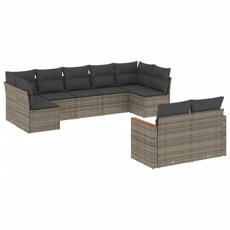 9-delige Loungeset met kussens poly rattan grijs