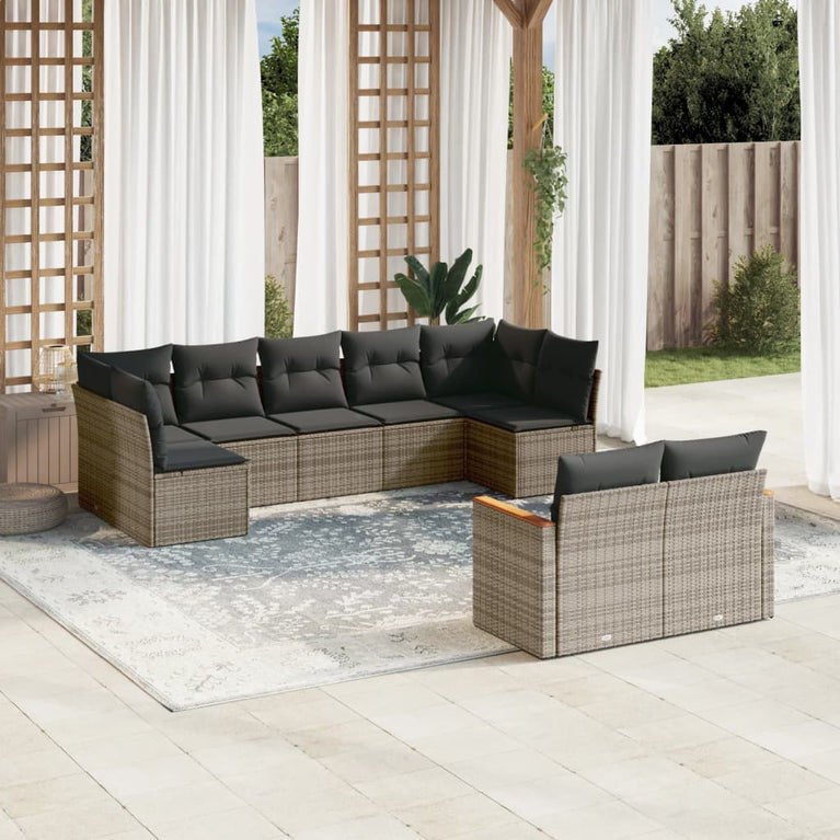 9-delige Loungeset met kussens poly rattan grijs
